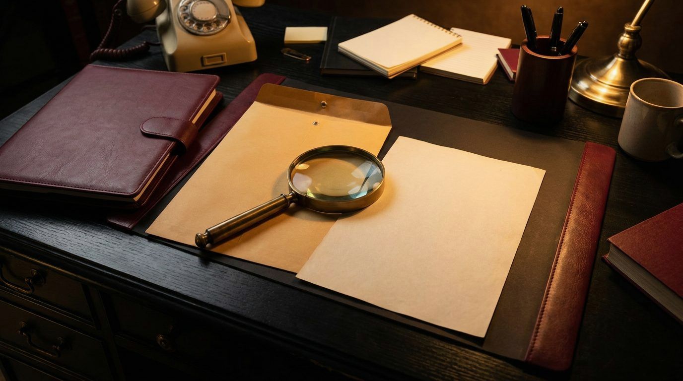 A magnifying glass beside collection envelopes on a desk